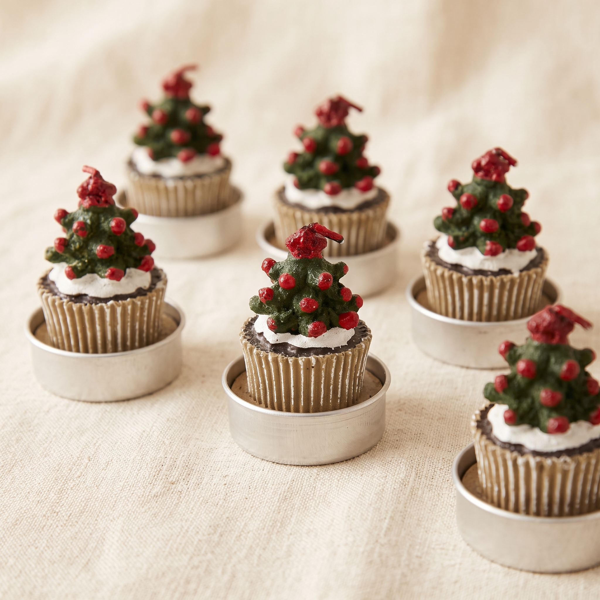 Sechs Teelichter in silbernen Teelichthaltern mit goldenen Papierförmchen, jeweils mit einer grünen Weihnachtsbaum-Figur aus Wachs verziert, die rote Beeren und einen roten Stern als Spitze trägt, auf hellem Leinenstoff angeordnet.