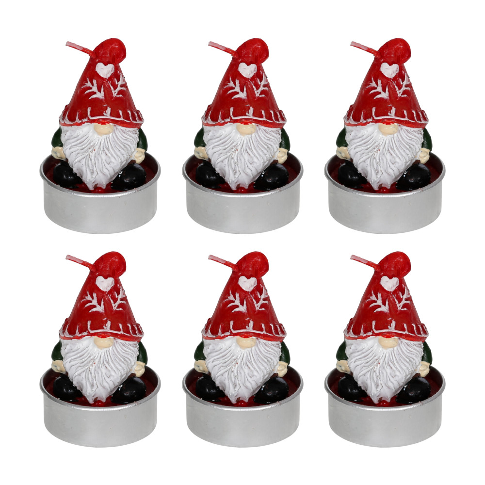 Sechs Teelichter in Silber-Aluminium-Hüllen mit Weihnachtswichtel-Figuren aus rotem Spitzhut mit weißen Schneeflocken-Motiven und weißem Bart