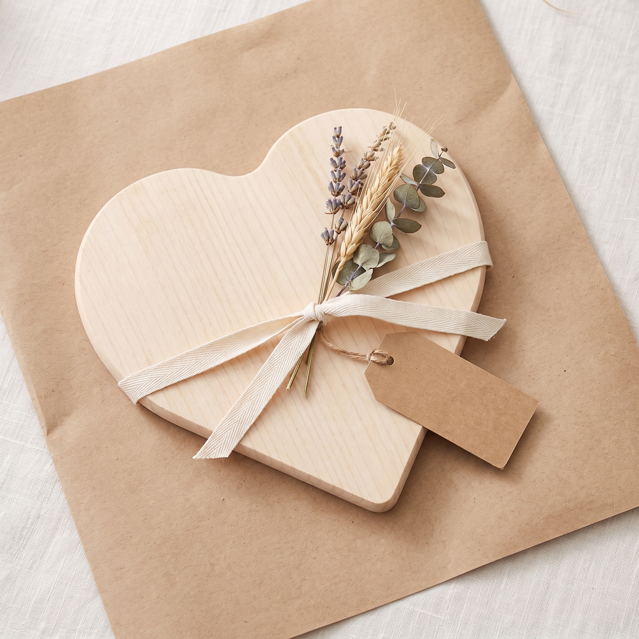 Herzförmiges Holz-Schneidebrett aus hellem Ahornholz, dekoriert mit cremefarbenem Stoffband, Trockenblumen aus Lavendel, Weizenähre und Eukalyptus sowie einem leeren Kraftpapier-Anhänger, liegend auf einem braunen Packpapier-Untergrund.