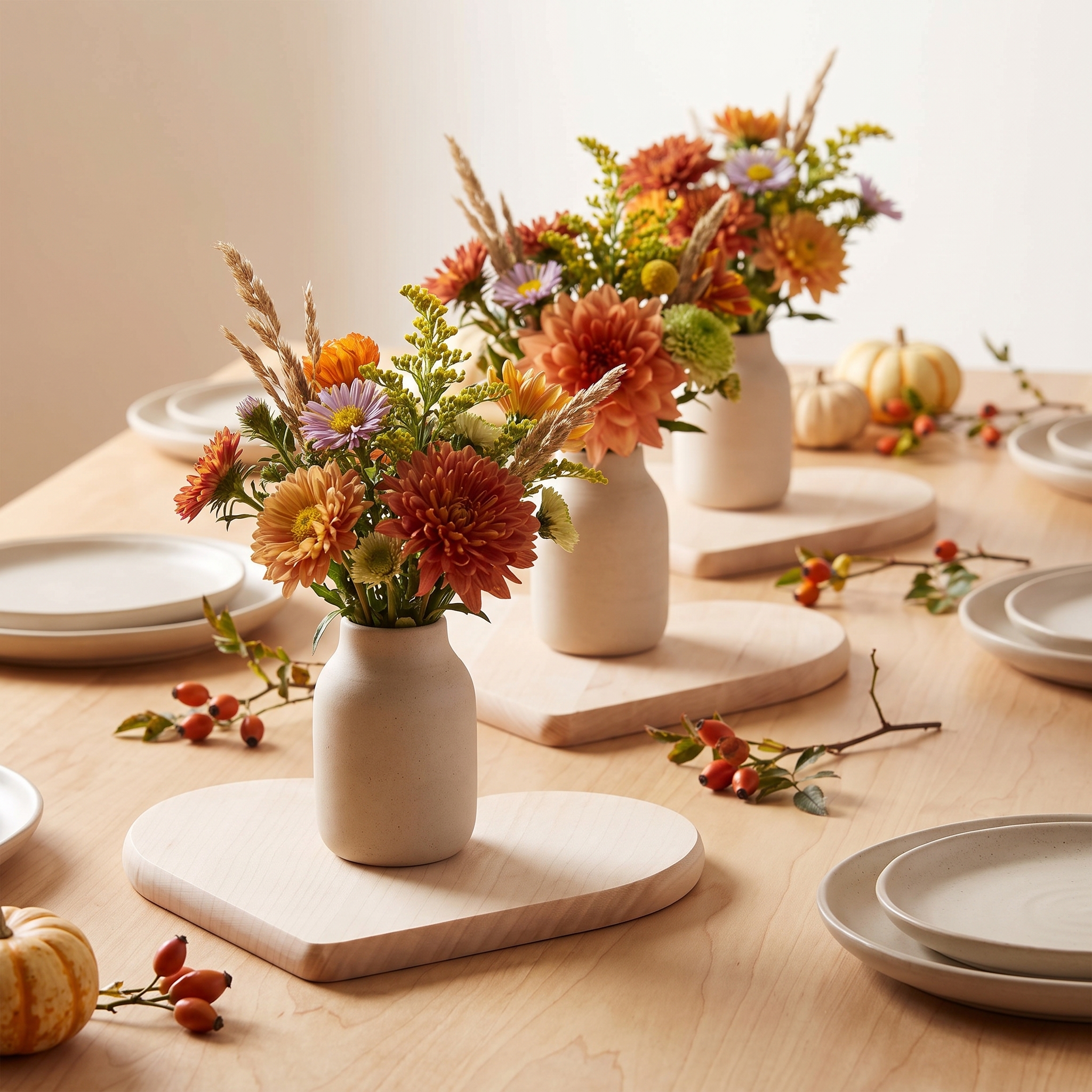 Herzförmiges Ahorn-Schneidebrett als Untersetzer für eine matte Keramikvase mit Herbstblumen aus Chrysanthemen, Ziergräsern und Beeren auf einem Holztisch, flankiert von weißen Keramiktellern und kleinen Kürbissen – Tischdekoration in herbstlichen Erdtönen.