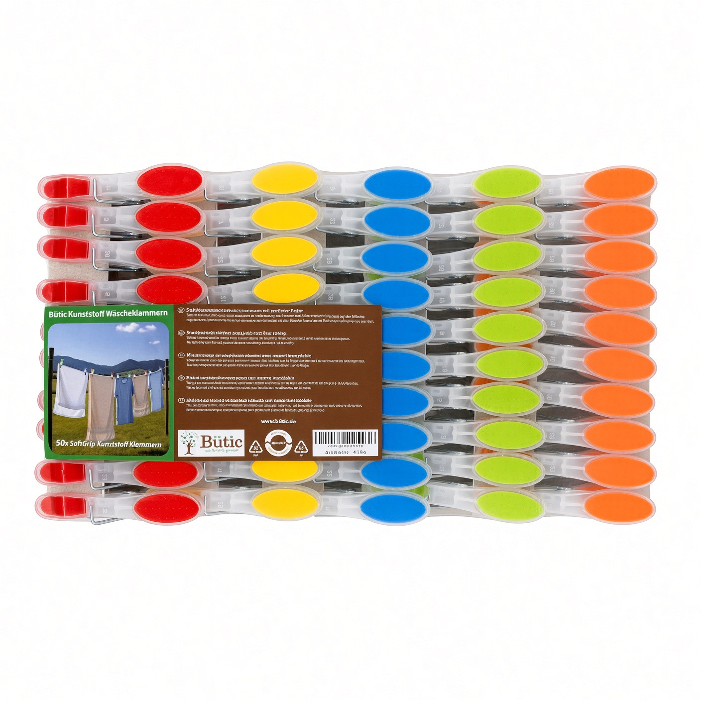 50 bunte Kunststoff-Wäscheklammern mit SoftGrip in den Farben Rot, Gelb, Blau, Grün und Orange, übersichtlich in einer transparenten Verpackung mit Butuc-Etikett angeordnet