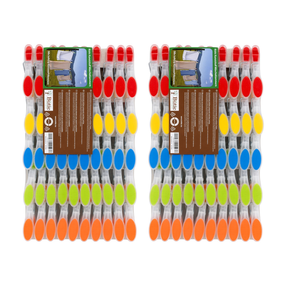100 bunte Kunststoff-Wäscheklammern SoftGrip in den Farben Rot, Gelb, Blau, Grün und Orange, in zwei zusammengefassten Packungseinheiten à 50 Stück