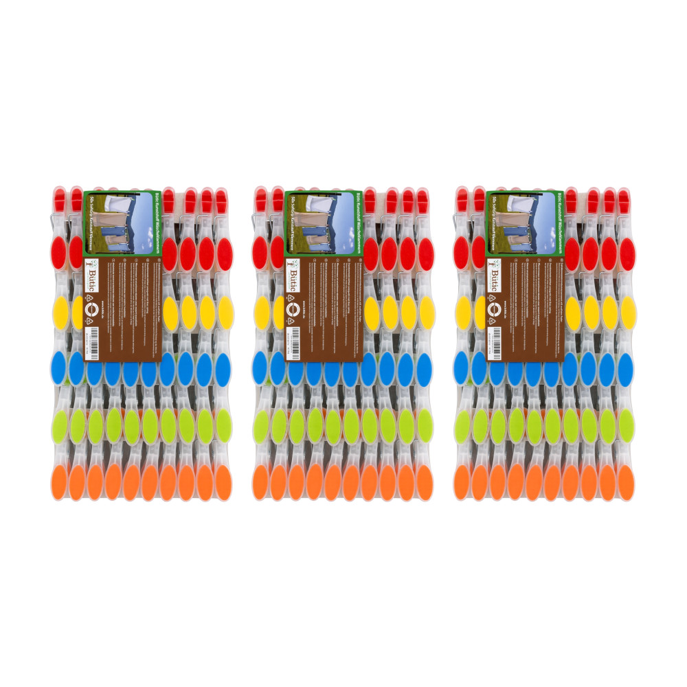 Drei Packungen bunte SoftGrip Wäscheklammern aus Kunststoff in den Farben Rot, Gelb, Blau, Grün und Orange, 150 Stück