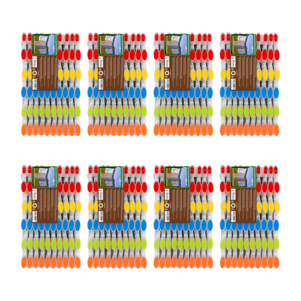 400 bunte Kunststoff-Wäscheklammern SoftGrip in den Farben Rot, Gelb, Blau, Grün und Orange, verpackt in acht transparente Folienpakete