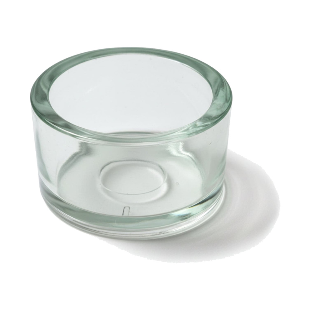Teelichtglas aus klarem Glas, flach und zylindrisch, Ø 40 mm, mit leicht grünlichem Glaston und eingepresstem Boden
