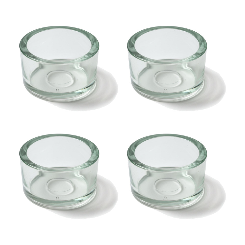 Vier flache, klare Teelichtgläser aus transparentem Glas mit leicht grünlichem Schimmer, rundem Rand und Kerzenhalter-Vertiefung im Boden – 4er Set, Ø 40 mm