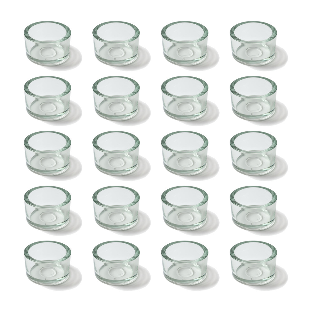 20er Set klare Teelichtgläser aus Glas, flach und zylindrisch, auf weißem Hintergrund