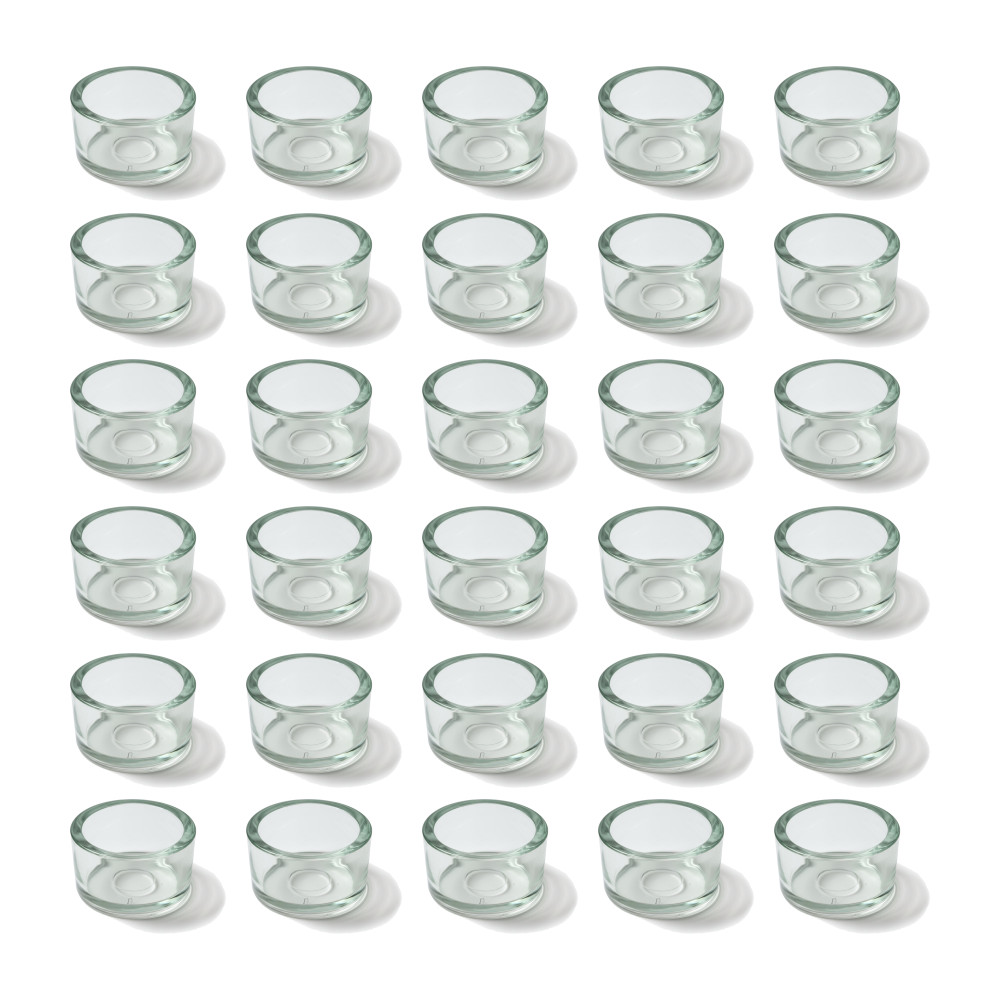 30 klare Teelichtgläser aus flachem Glas mit einem Durchmesser von 40 mm, im 30er Set, auf weißem Hintergrund