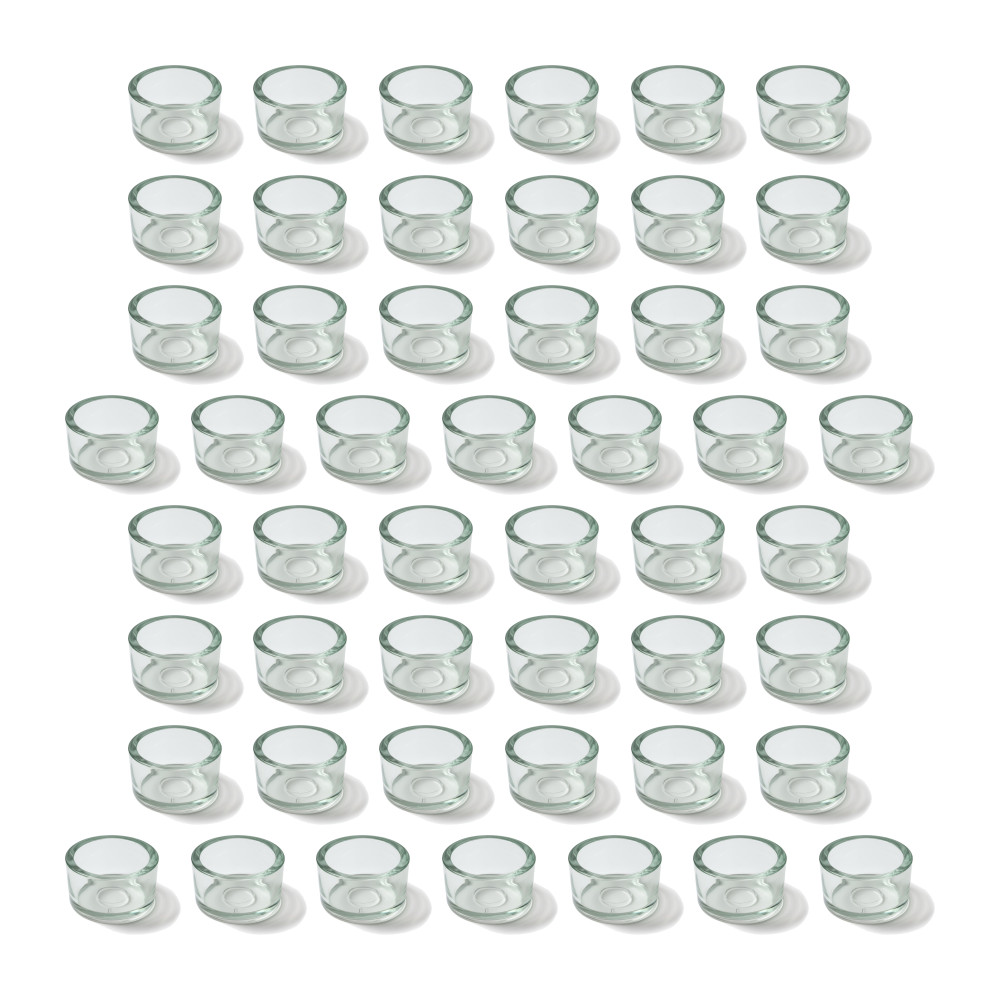 Teelichtgläser günstig im 50er Set – klare, flache Glasschalen mit leicht grünem Glaskern, rund, Ø 40 mm, auf weißem Hintergrund