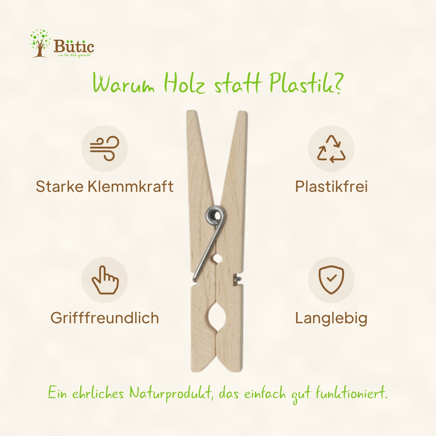 Holz-Wäscheklammer mit Metallspirale vor beigem Hintergrund, umgeben von vier Vorteils-Icons: starke Klemmkraft, plastikfrei, grifffreundlich, langlebig