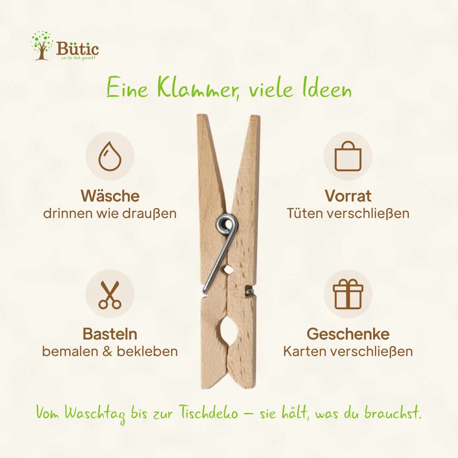 Holz-Wäscheklammer mit Metallspirale und vier Anwendungsbeispiele: Wäsche, Vorrat, Basteln und Geschenke