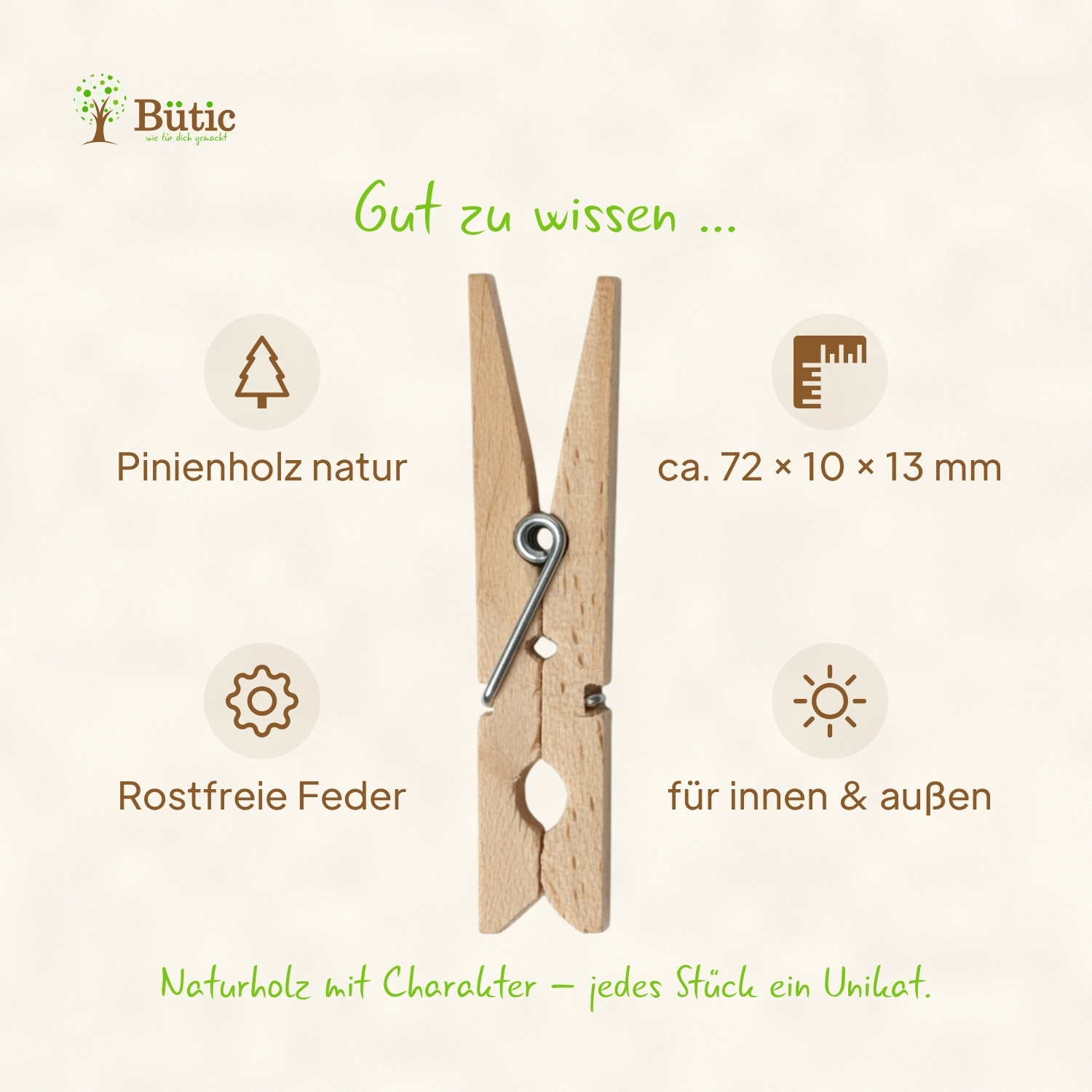 Holz-Wäscheklammer aus Pinienholz mit rostfreier Metallfeder, Maße ca. 72 × 10 × 13 mm, geeignet für innen und außen