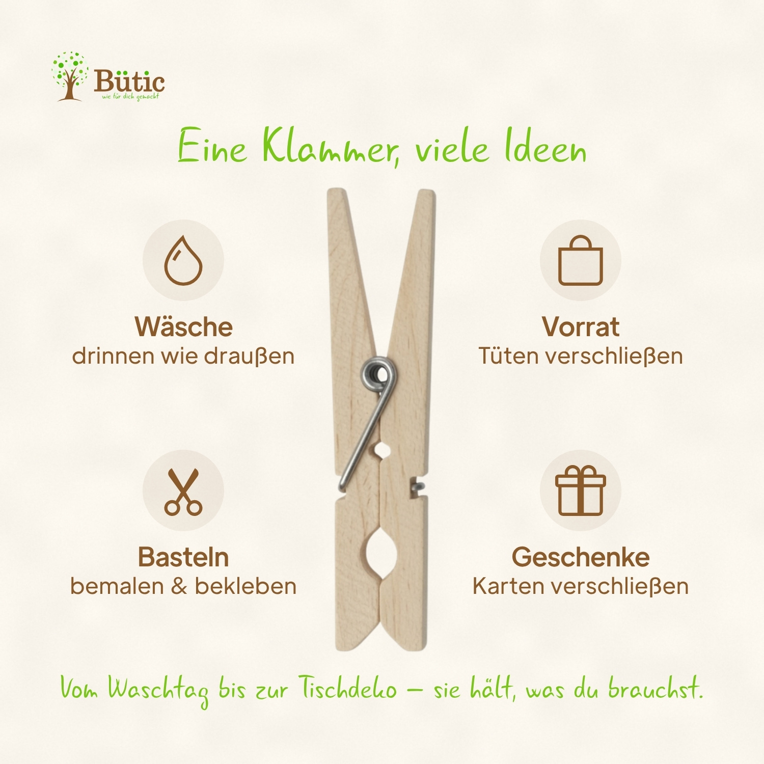 Infografik einer Holz-Wäscheklammer aus Birke mit vier Verwendungsmöglichkeiten: Wäsche drinnen wie draußen, Vorrat Tüten verschließen, Basteln bemalen und bekleben, Geschenke Karten verschließen