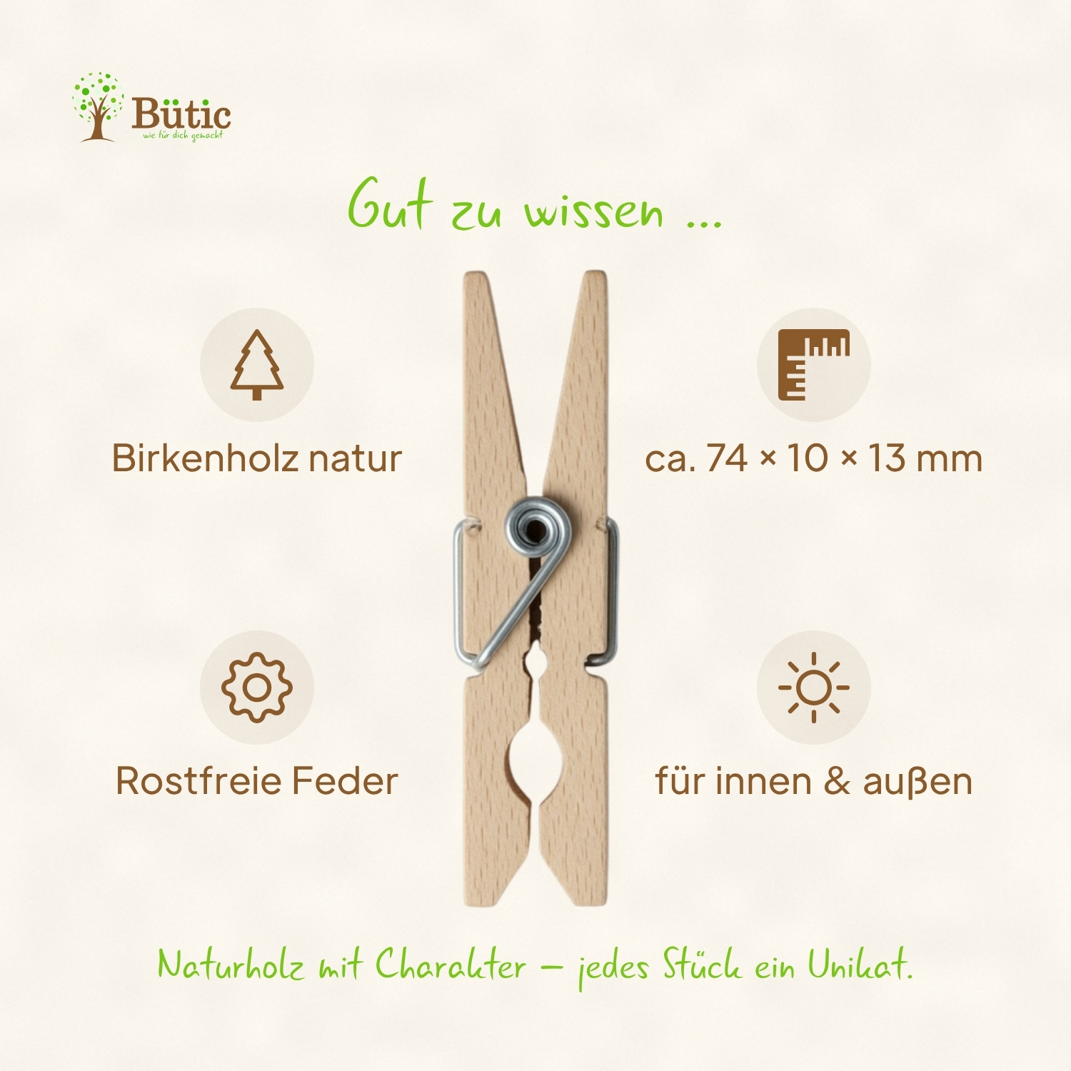 Holz-Wäscheklammer aus Birkenholz natur, ca. 74 × 10 × 13 mm, mit rostfreier Metallfeder, geeignet für innen und außen – Infografik mit Produkt-Highlights