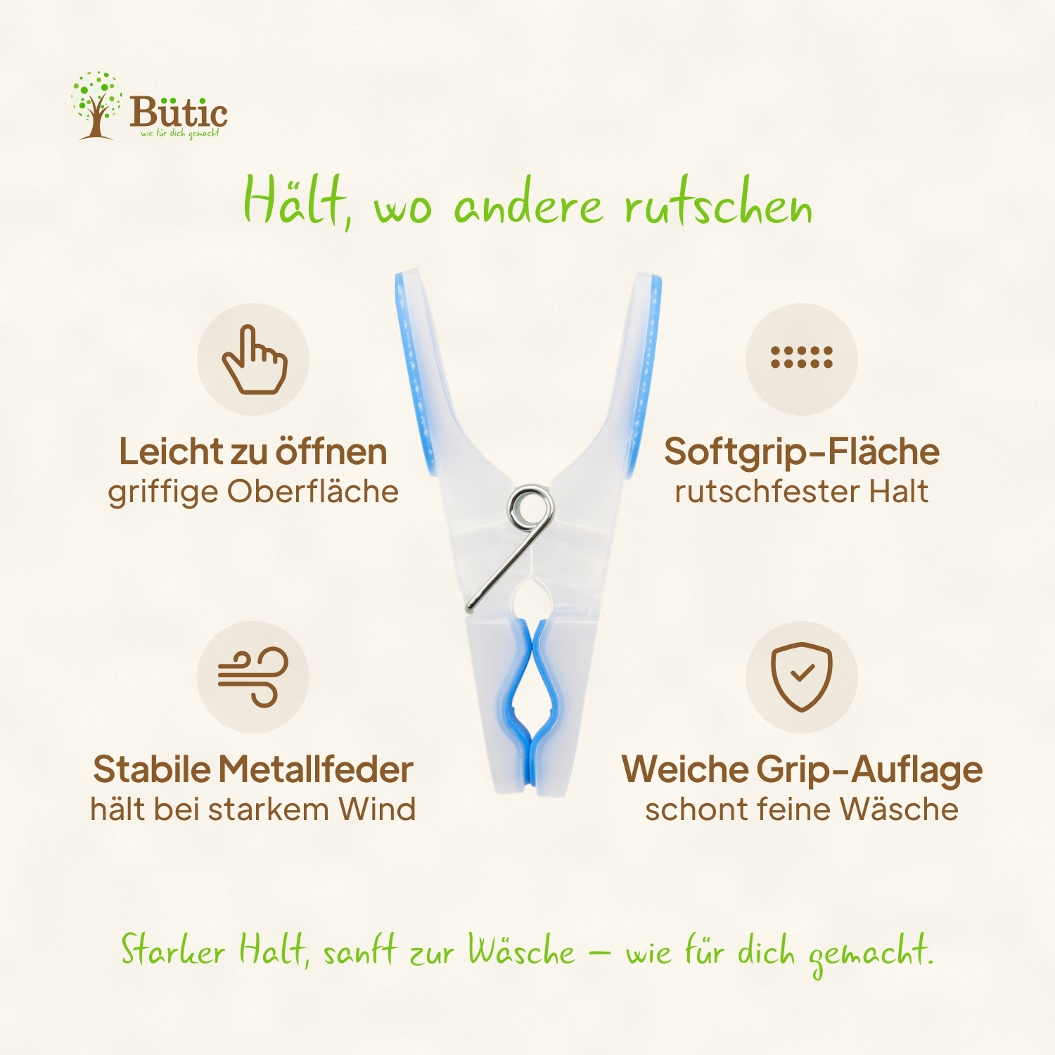 Infografik einer transparenten Kunststoff-Wäscheklammer mit blauer Softgrip-Gummiauflage und Metallfeder, mit vier beschrifteten Vorteilen: leicht zu öffnen, Softgrip-Fläche, stabile Metallfeder und weiche Grip-Auflage