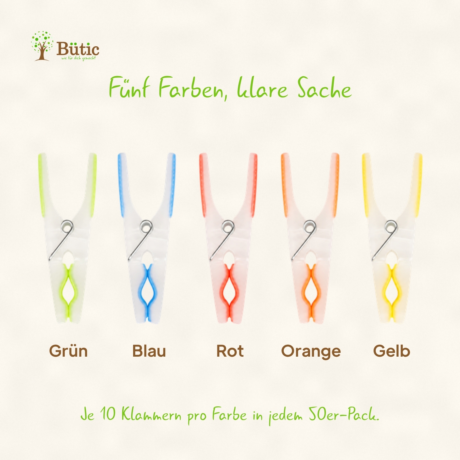 Fünf Softgrip-Wäscheklammern aus transparentem Kunststoff mit farbigen Gummigriffen in Grün, Blau, Rot, Orange und Gelb, einzeln nebeneinander angeordnet und jeweils mit der Farbe beschriftet