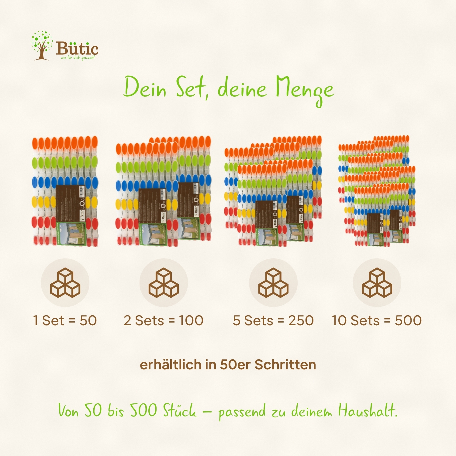 Vier Packungen bunter Softgrip-Wäscheklammern aus Kunststoff mit Gummigriff in den Farben Orange, Grün, Blau, Gelb und Rot, erhältlich in Mengen von 50 bis 500 Stück in 50er-Schritten (1 Set = 50, 2 Sets = 100, 5 Sets = 250, 10 Sets = 500).