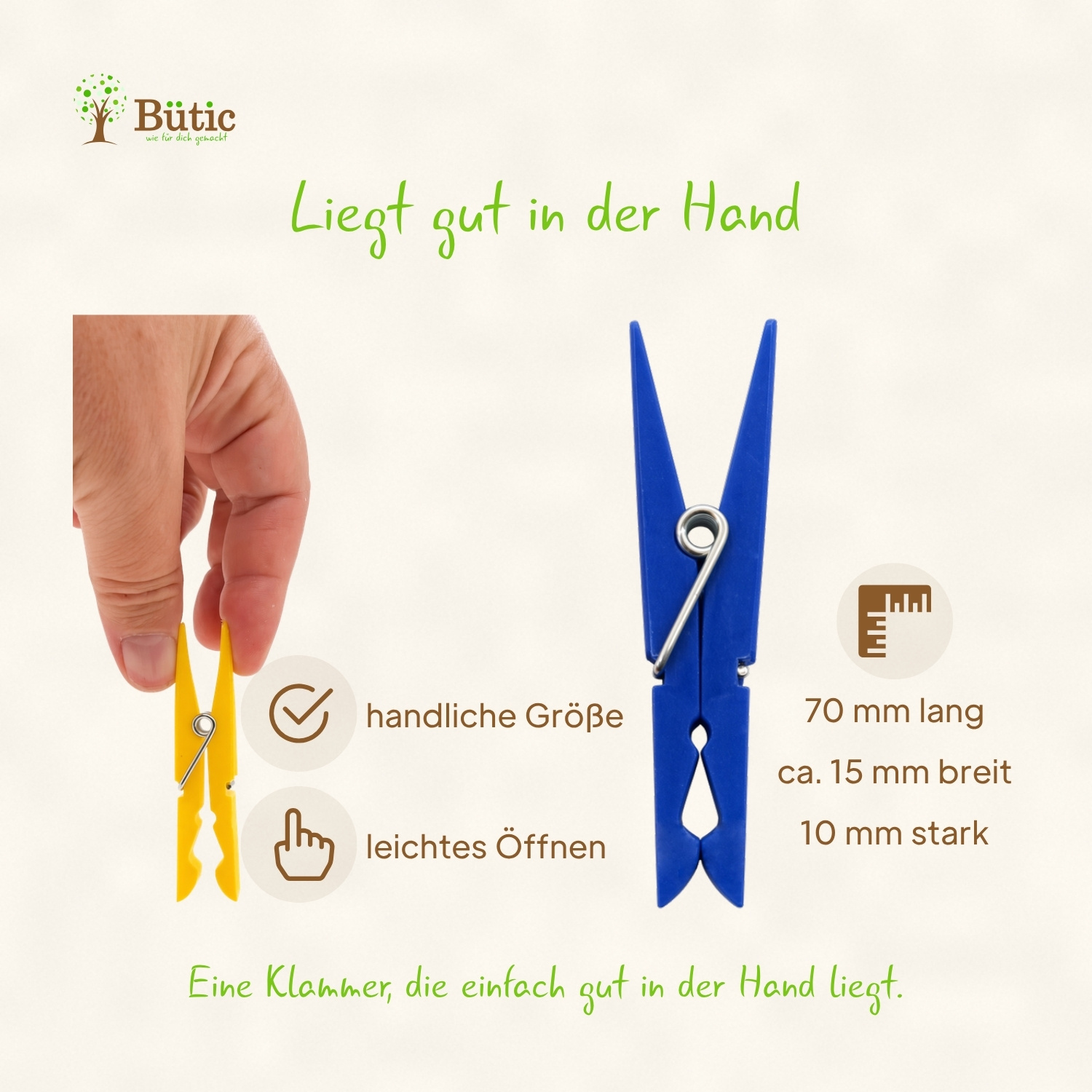 Hand hält gelbe Kunststoff-Wäscheklammer; daneben blaue Wäscheklammer mit Maßangaben 70 mm lang, ca. 15 mm breit, 10 mm stark sowie Hinweisen auf handliche Größe und leichtes Öffnen