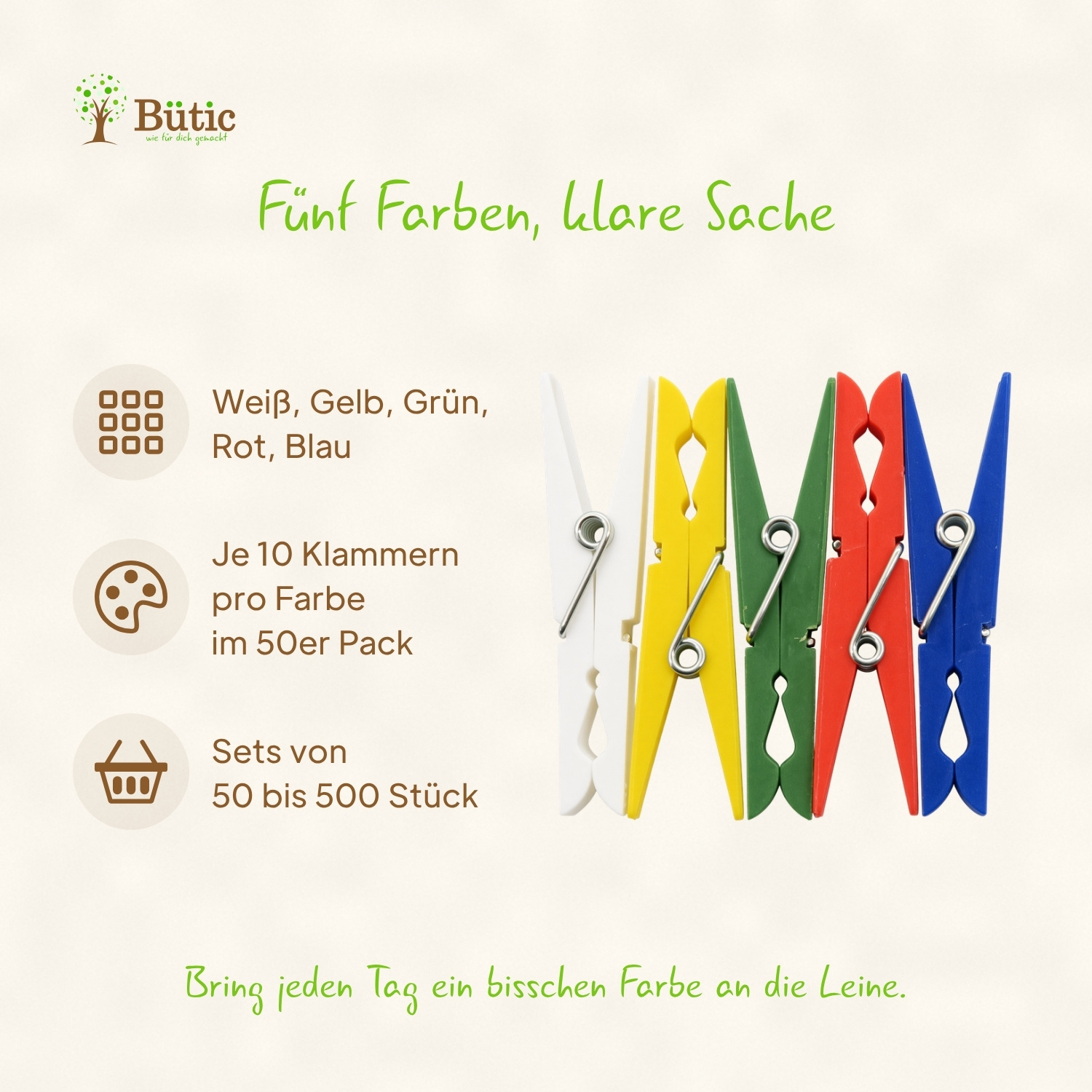 Fünf bunte Kunststoff-Wäscheklammern in Weiß, Gelb, Grün, Rot und Blau, nebeneinander aufgereiht, mit Metallfeder – Produktbild mit Hinweis auf 50er-Pack mit je 10 Klammern pro Farbe, erhältlich in Sets von 50 bis 500 Stück.
