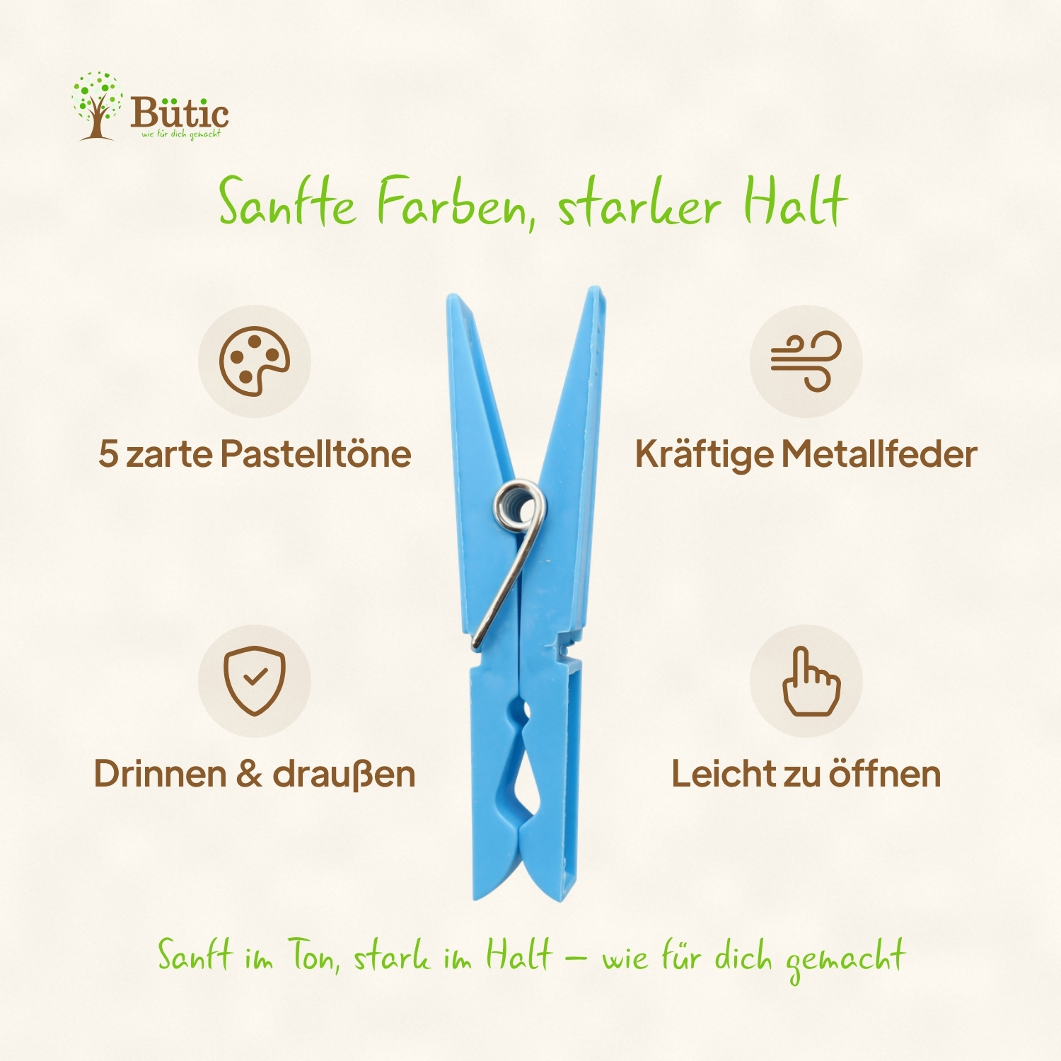 Hellblaue Kunststoff-Wäscheklammer in Pastellfarbe mit Metallfeder, umgeben von Icons und Text zu den Eigenschaften: 5 Pastelltöne, kräftige Metallfeder, Innen- und Außeneinsatz, leichte Bedienung