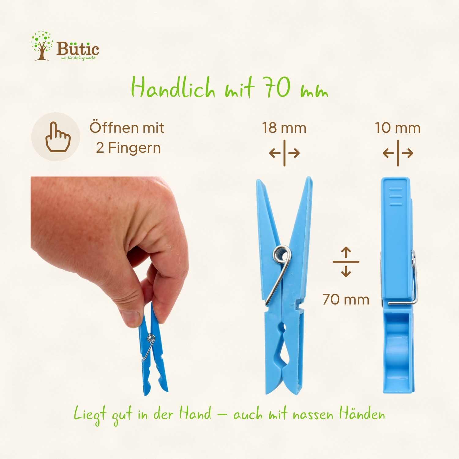 Blaue Kunststoff-Wäscheklammer 70 mm wird mit zwei Fingern geöffnet – Maßzeichnung zeigt 18 mm Breite geöffnet und 10 mm Breite geschlossen