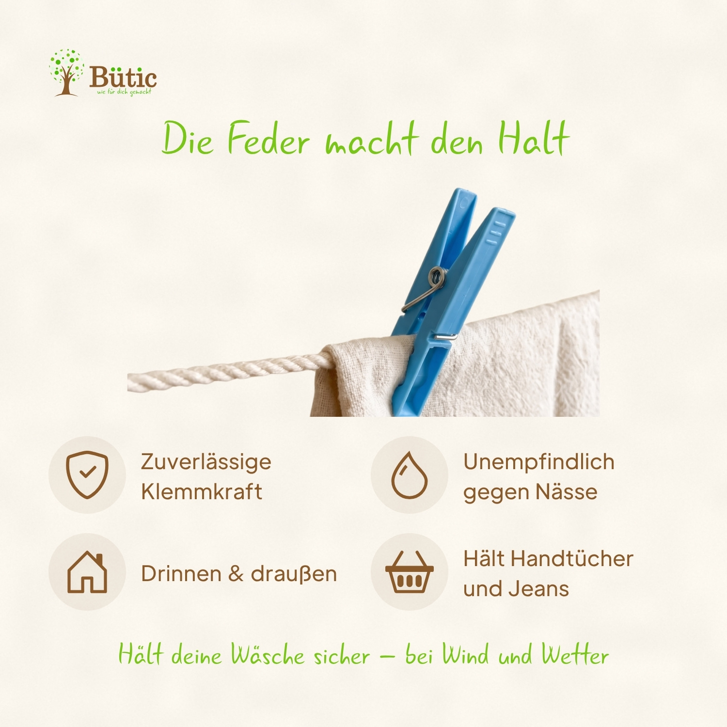 Blaue Kunststoff-Wäscheklammer klemmt ein weißes Wäschestück an einer Wäscheleine – Infografik mit Produktvorteilen: zuverlässige Klemmkraft, unempfindlich gegen Nässe, für drinnen und draußen geeignet, hält Handtücher und Jeans