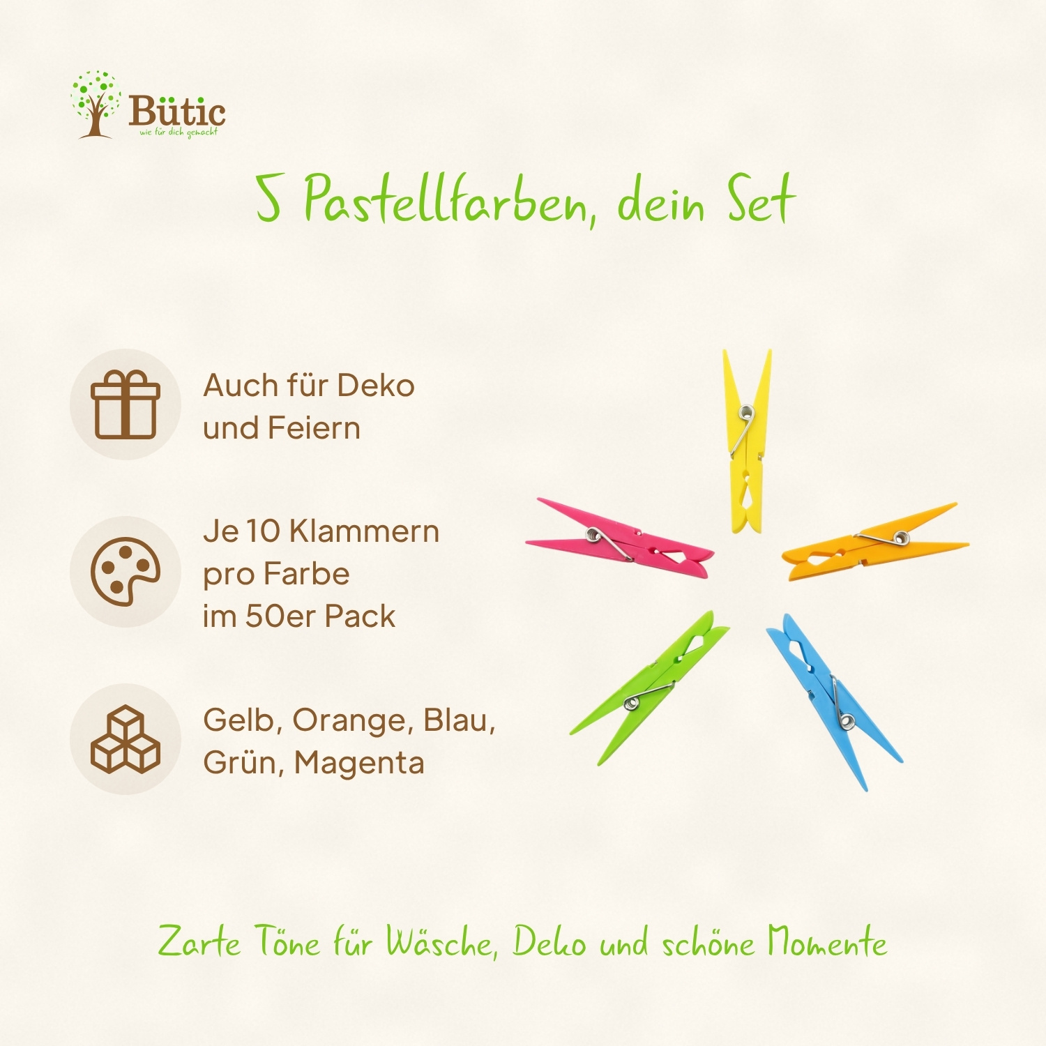 Fünf bunte Kunststoff-Wäscheklammern in den Pastellfarben Gelb, Orange, Blau, Grün und Magenta, fächerförmig angeordnet, mit Produktinformationen: 50er-Set, je 10 Klammern pro Farbe, geeignet für Wäsche und Dekoration