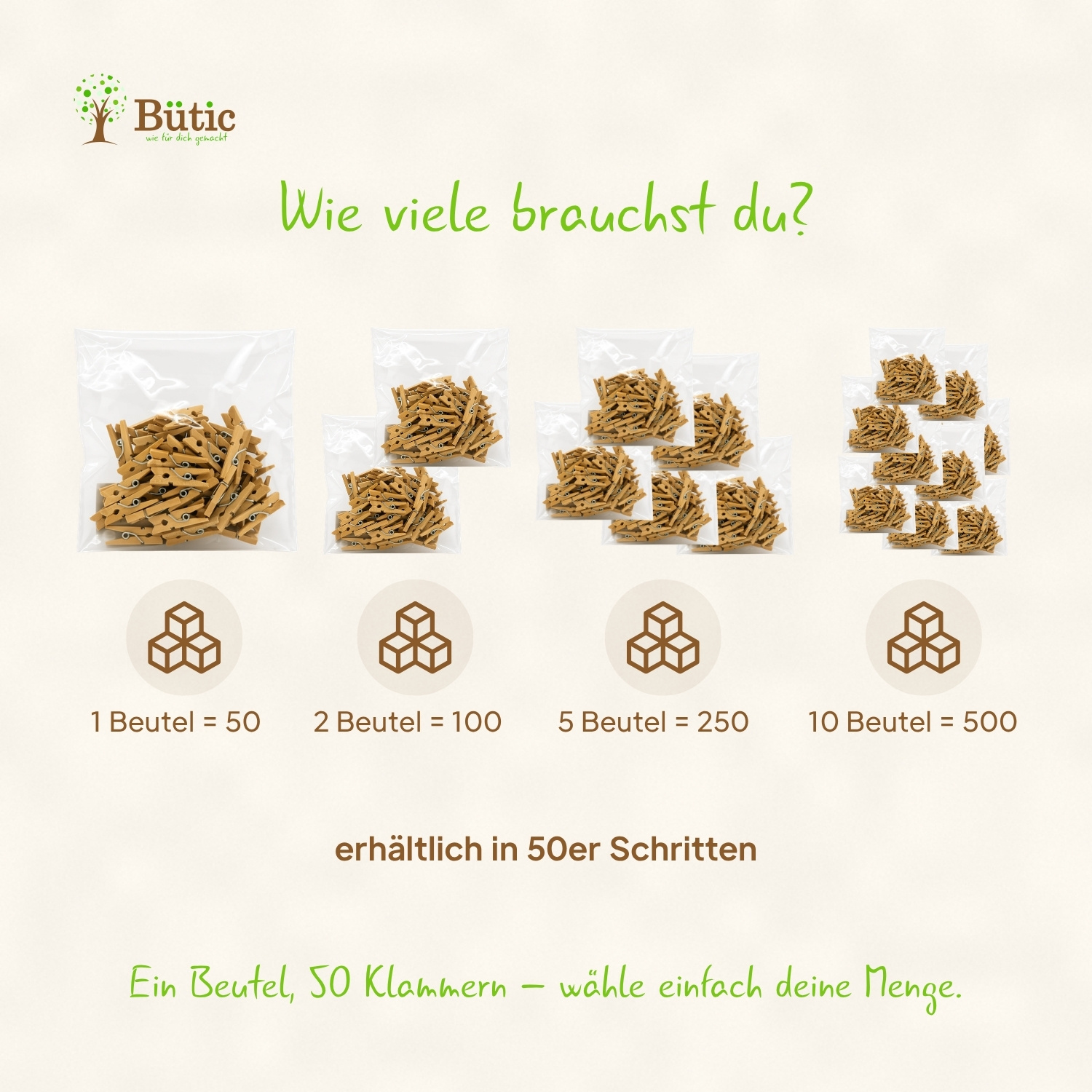 Vier transparente Beutel mit naturbelassenen Holz-Wäscheklammern in verschiedenen Mengen: 1 Beutel (50 Stück), 2 Beutel (100 Stück), 5 Beutel (250 Stück) und 10 Beutel (500 Stück) – erhältlich in 50er Schritten.