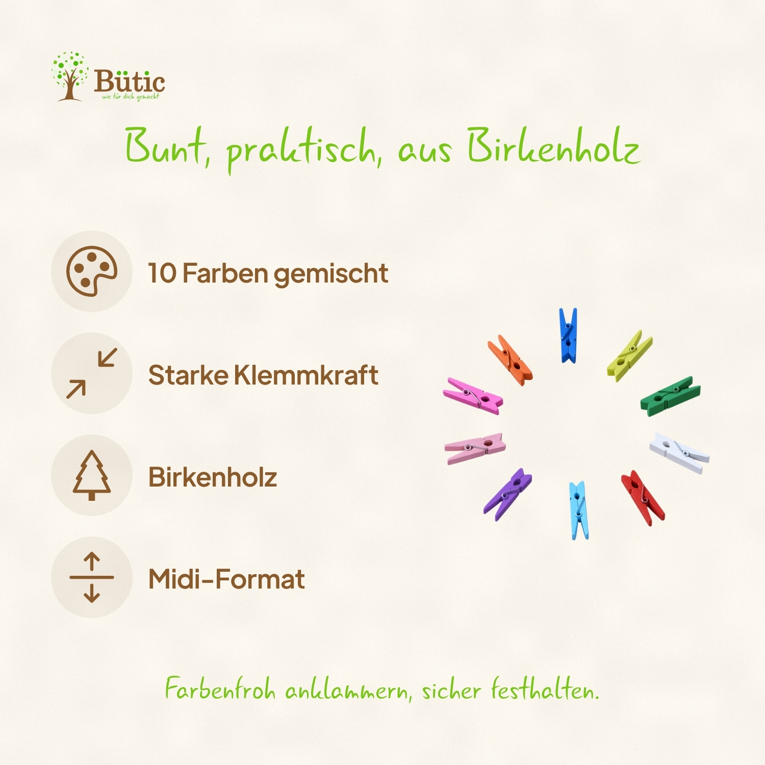 Zehn bunte Holz-Wäscheklammern aus Birkenholz im Midi-Format (35 mm) kreisförmig angeordnet in den Farben Orange, Blau, Gelbgrün, Grün, Weiß, Rot, Hellblau, Lila, Rosa und Pink, mit Produktmerkmalen: 10 Farben gemischt, starke Klemmkraft, Birkenholz, Midi-Format