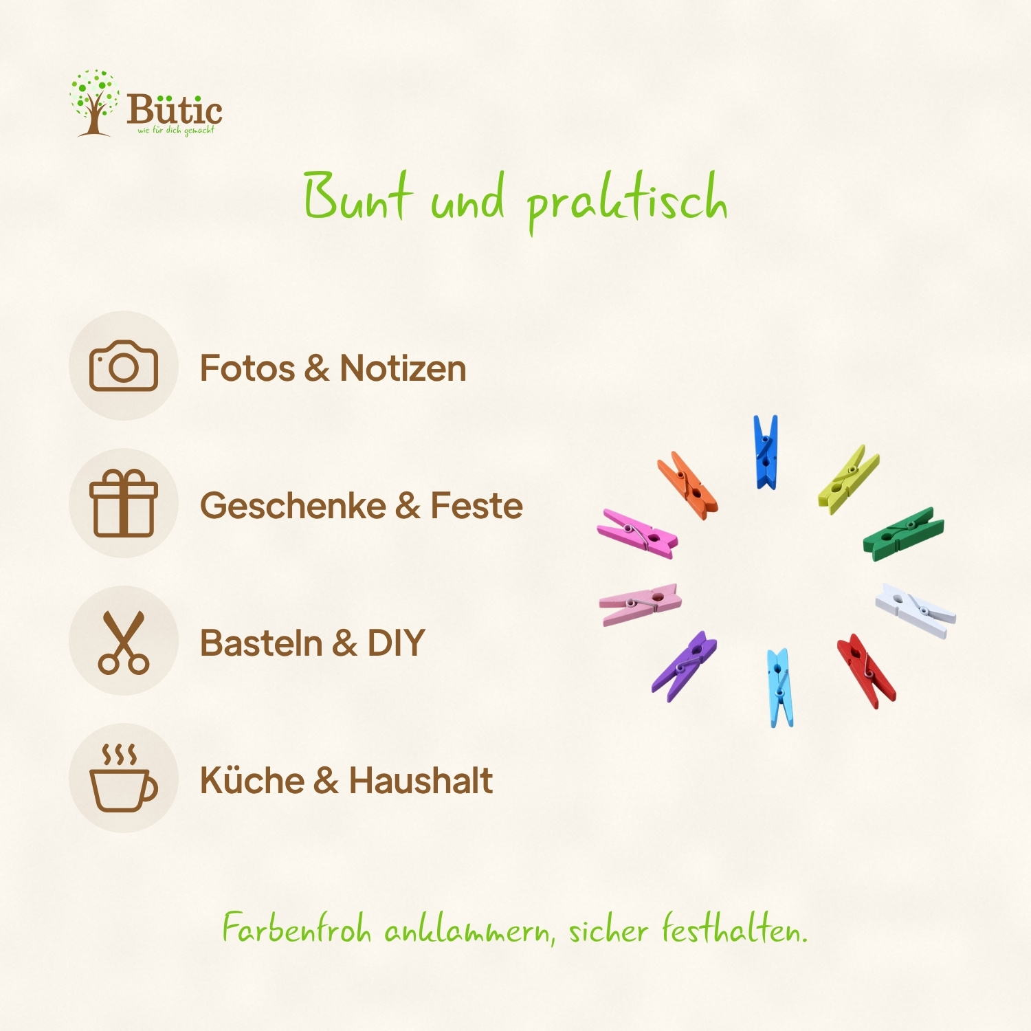 Kleine bunte Holzwäscheklammern in 10 Farben kreisförmig angeordnet – Orange, Blau, Gelbgrün, Grün, Weiß, Rot, Türkis, Lila, Rosa und Pink – mit Icons und Texten zu Verwendungszwecken: Fotos & Notizen, Geschenke & Feste, Basteln & DIY, Küche & Haushalt