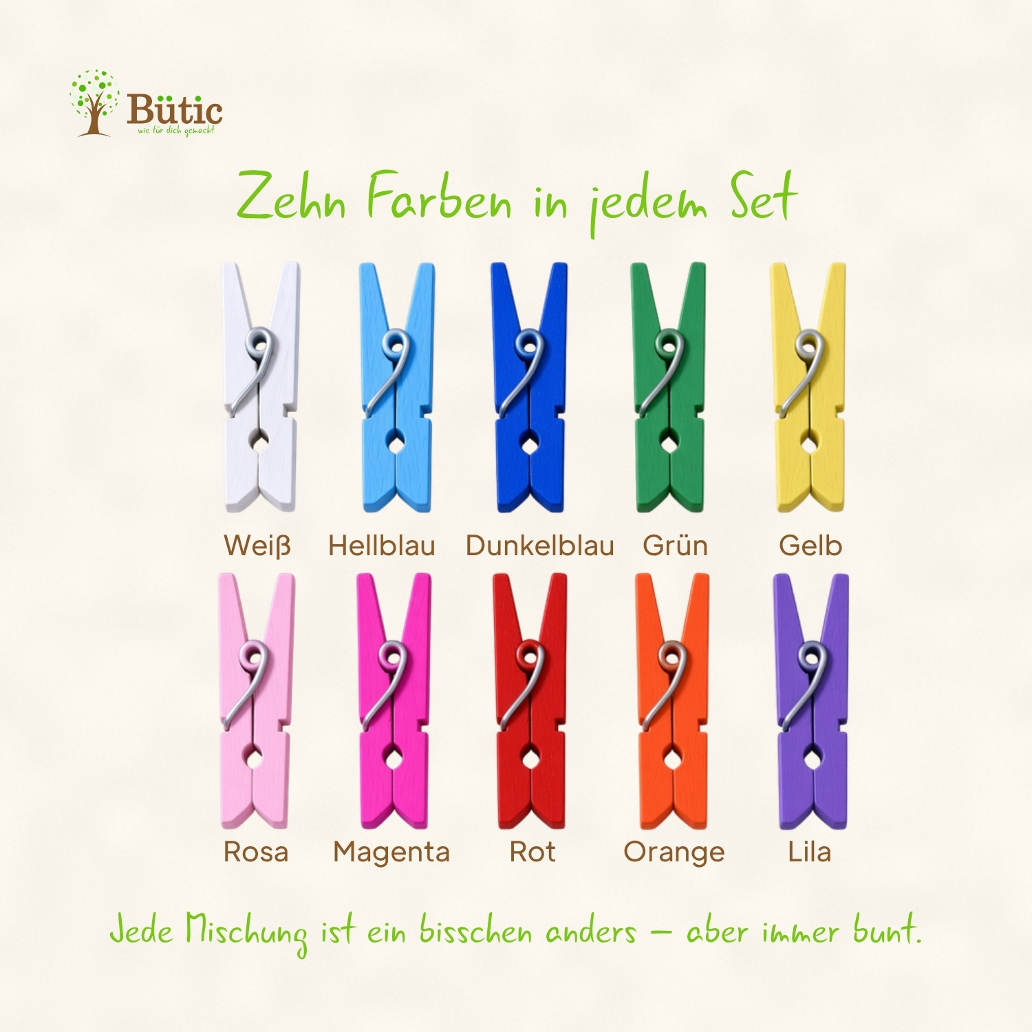 Zehn kleine bunte Holzwäscheklammern in den Farben Weiß, Hellblau, Dunkelblau, Grün, Gelb, Rosa, Magenta, Rot, Orange und Lila, jeweils einzeln beschriftet, als Farbübersicht eines Sets.