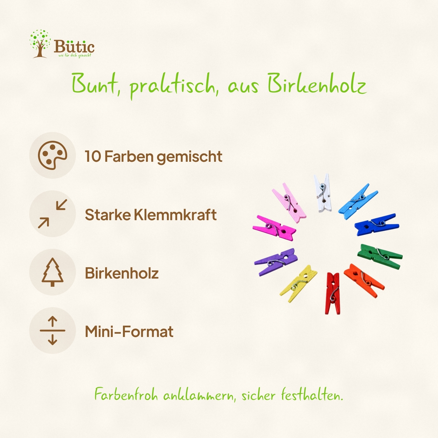 Kleine bunte Holzwäscheklammern aus Birkenholz im Mini-Format, kreisförmig angeordnet in 10 Farben: pink, magenta, lila, gelb, rot, orange, grün, blau, dunkelblau und weiß