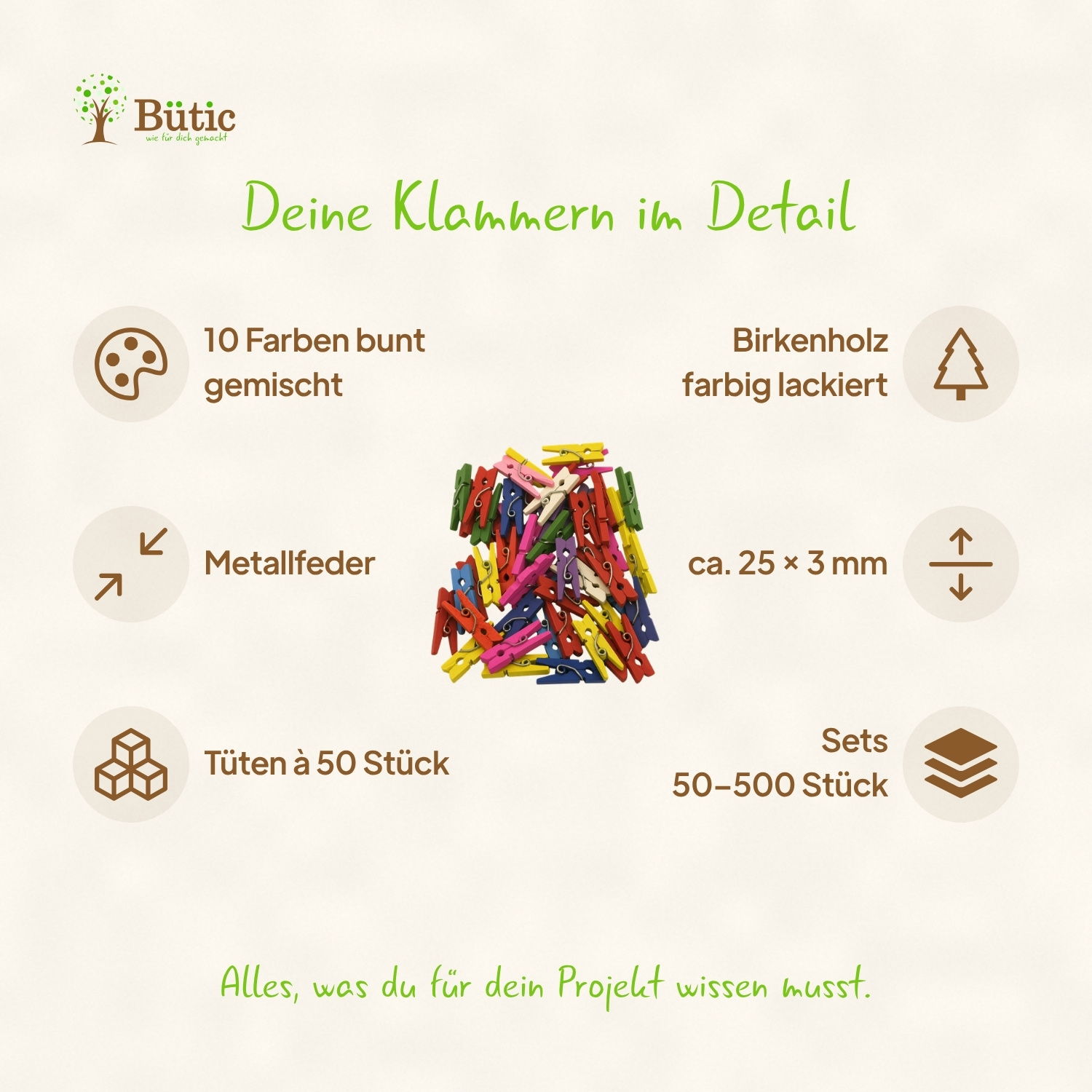 Infografik zu kleinen Holzwäscheklammern aus Birkenholz in 10 bunten Farben, 25 × 3 mm, mit Metallfeder, erhältlich in Sets von 50 bis 500 Stück