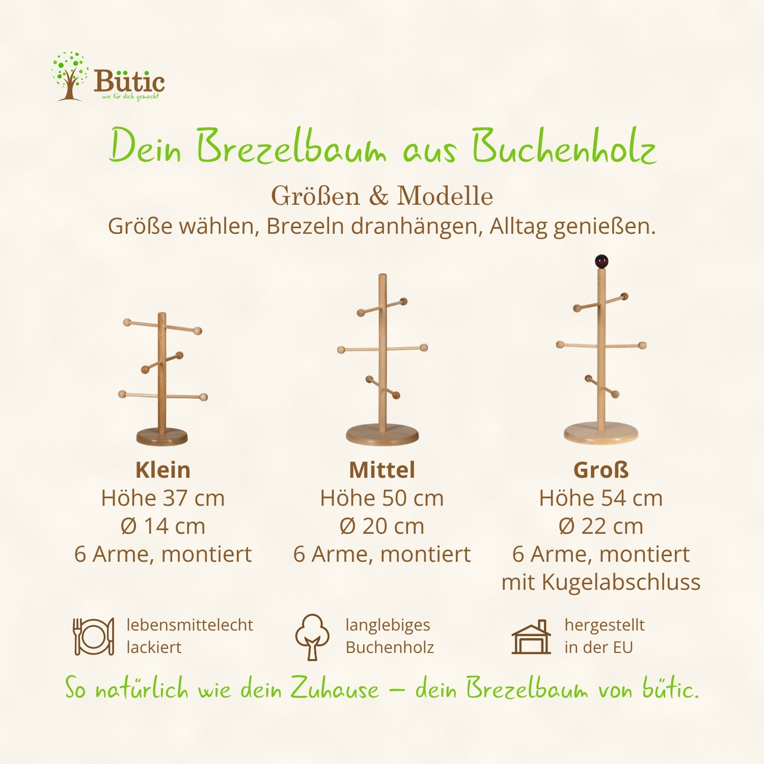 Größenvergleich drei Brezelbaum-Modelle aus Buchenholz: Klein 37 cm, Mittel 50 cm und Groß 54 cm, je mit 6 Armen auf rundem Standfuß