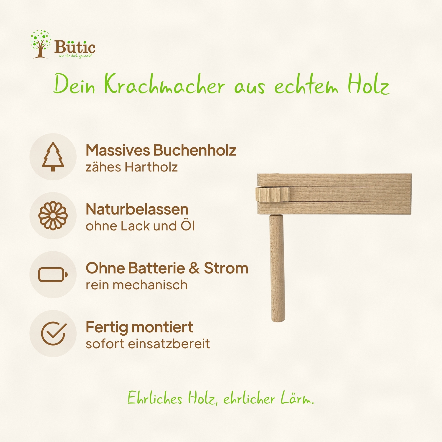 Holzratsche aus naturbelassenem Buchenholz mit T-förmigem Griff und Zahnrad-Mechanismus, freigestellt auf hellem Hintergrund