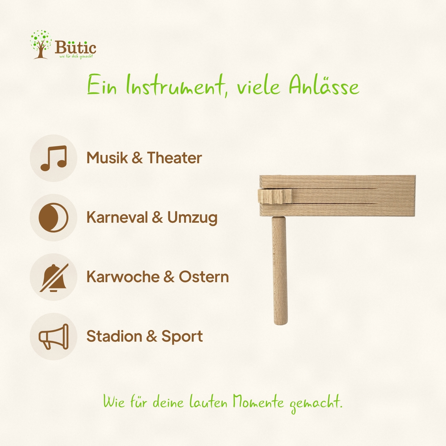 Holzratsche aus hellem Buchenholz mit kurzem Rundgriff und rechteckigem Klangkörper, daneben Infografik mit vier Verwendungsanlässen: Musik & Theater, Karneval & Umzug, Karwoche & Ostern, Stadion & Sport