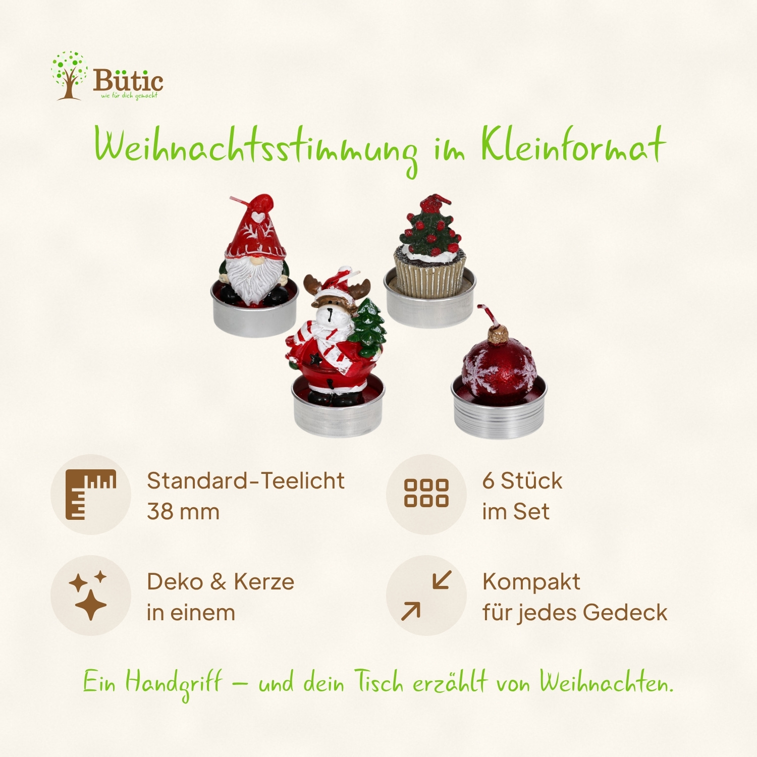 Vier weihnachtliche Motivteelichter in Silberhüllen: Weihnachtsmann mit roter Zipfelmütze, Rentier mit Schal und Tannenzweig, Cupcake mit Weihnachtsbaum-Topping und rote Weihnachtskugel mit Schneeflocken-Muster.