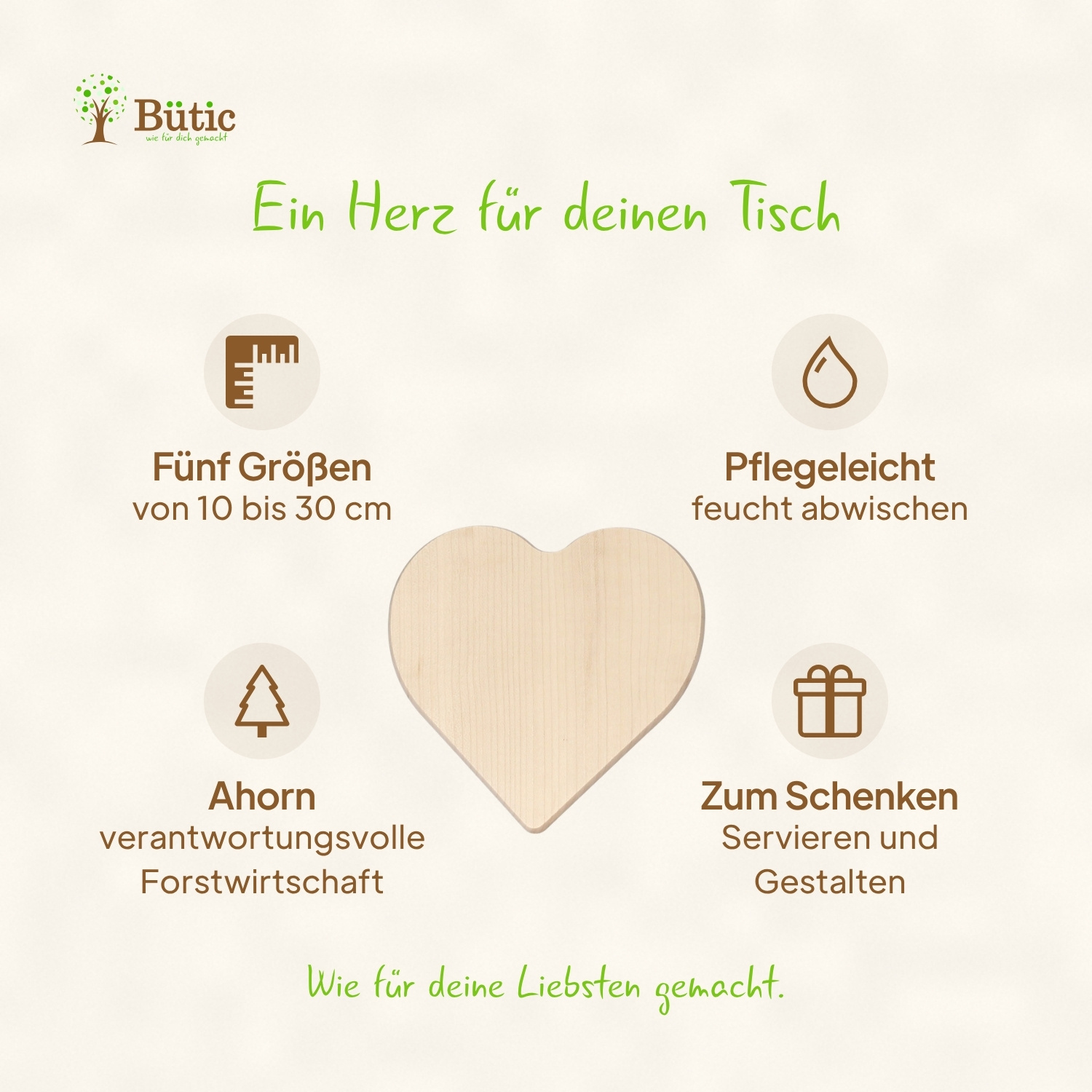 Infografik: Herzbrett aus hellem Ahornholz mit vier Produktvorteilen – fünf Größen von 10 bis 30 cm, pflegeleicht, Ahorn aus verantwortungsvoller Forstwirtschaft, zum Schenken sowie Servieren und Gestalten