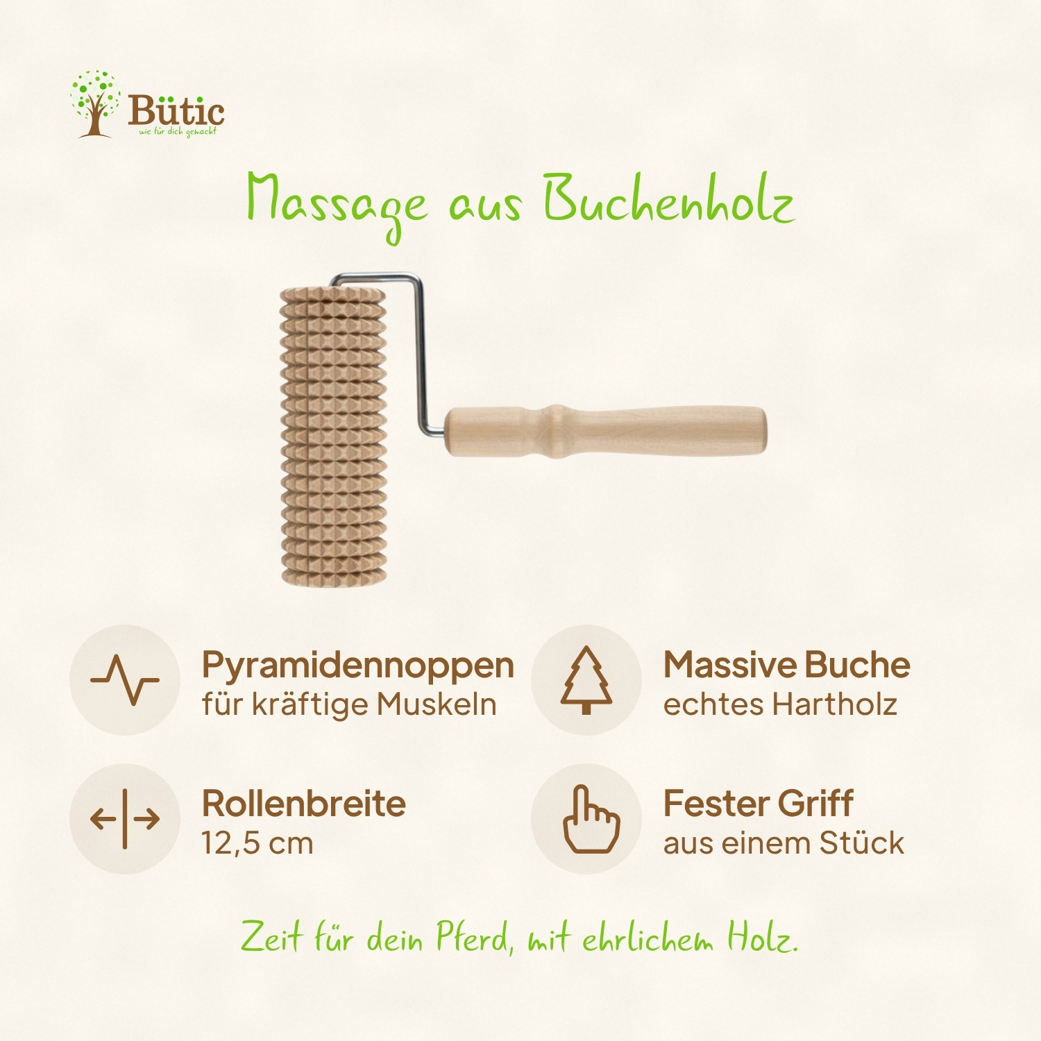 Hölzerne Massagerolle mit Pyramidennoppen aus massivem Buchenholz und gedrechseltem Griff, Rollenbreite 12,5 cm