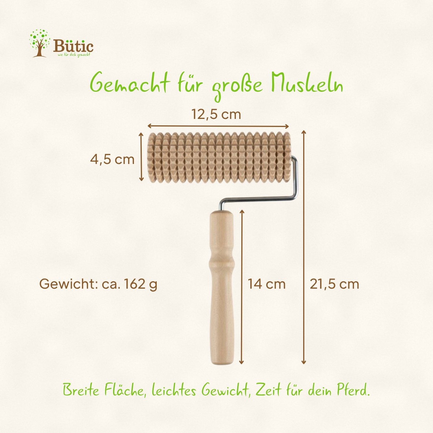 Holznoppenrolle Ari aus Buchenholz mit Metallbügel und gedrechseltem Holzgriff – Maße: 12,5 cm Breite, 4,5 cm Durchmesser, 14 cm Grifflänge, 21,5 cm Gesamthöhe, Gewicht ca. 162 g