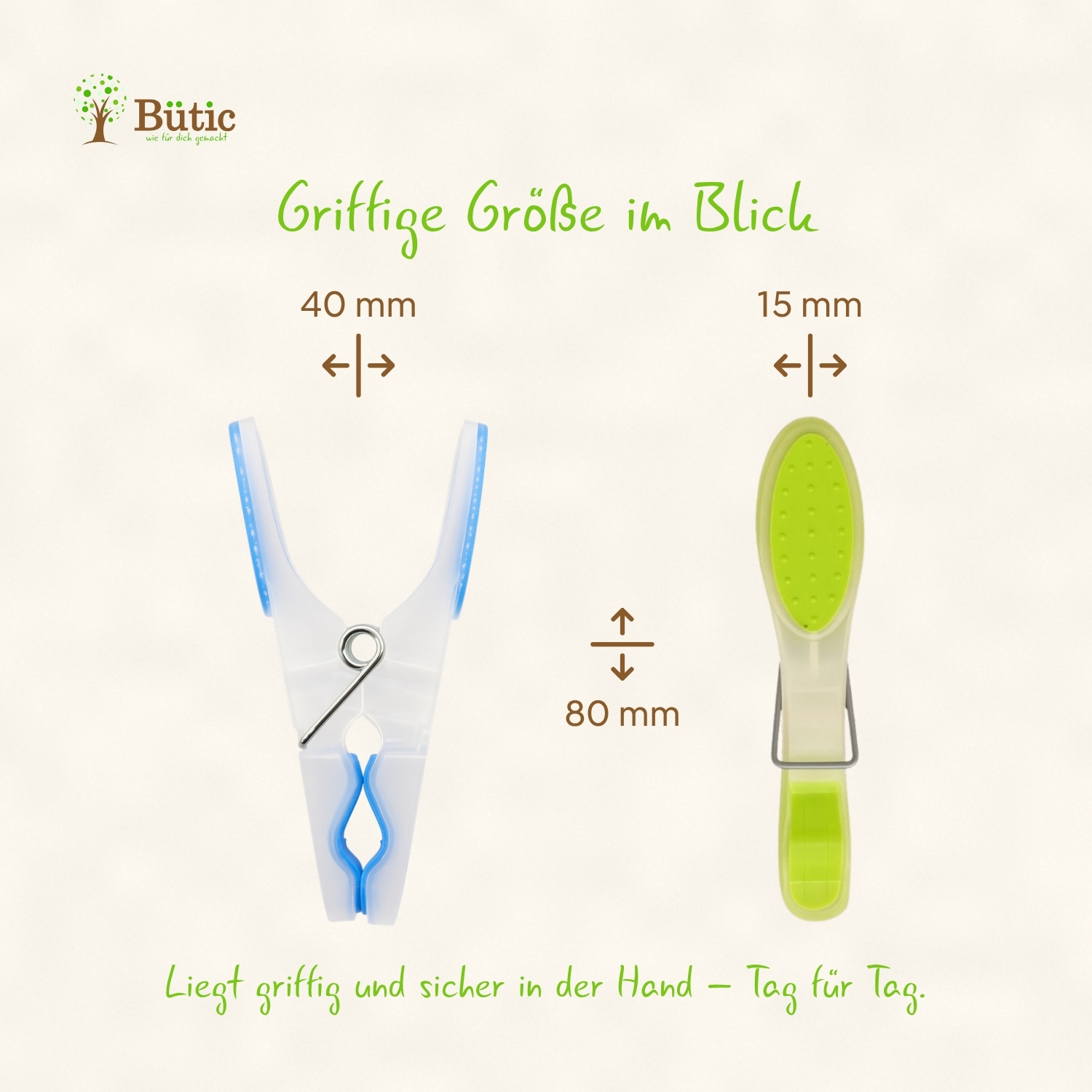Maßzeichnung zweier Softgrip-Wäscheklammern: transparente Klammer mit blauem Gummigriff (40 mm Breite, 80 mm Länge) und grüne Klammer mit strukturiertem Gummipad (15 mm Breite) im Seitenvergleich auf hellbeigem Hintergrund