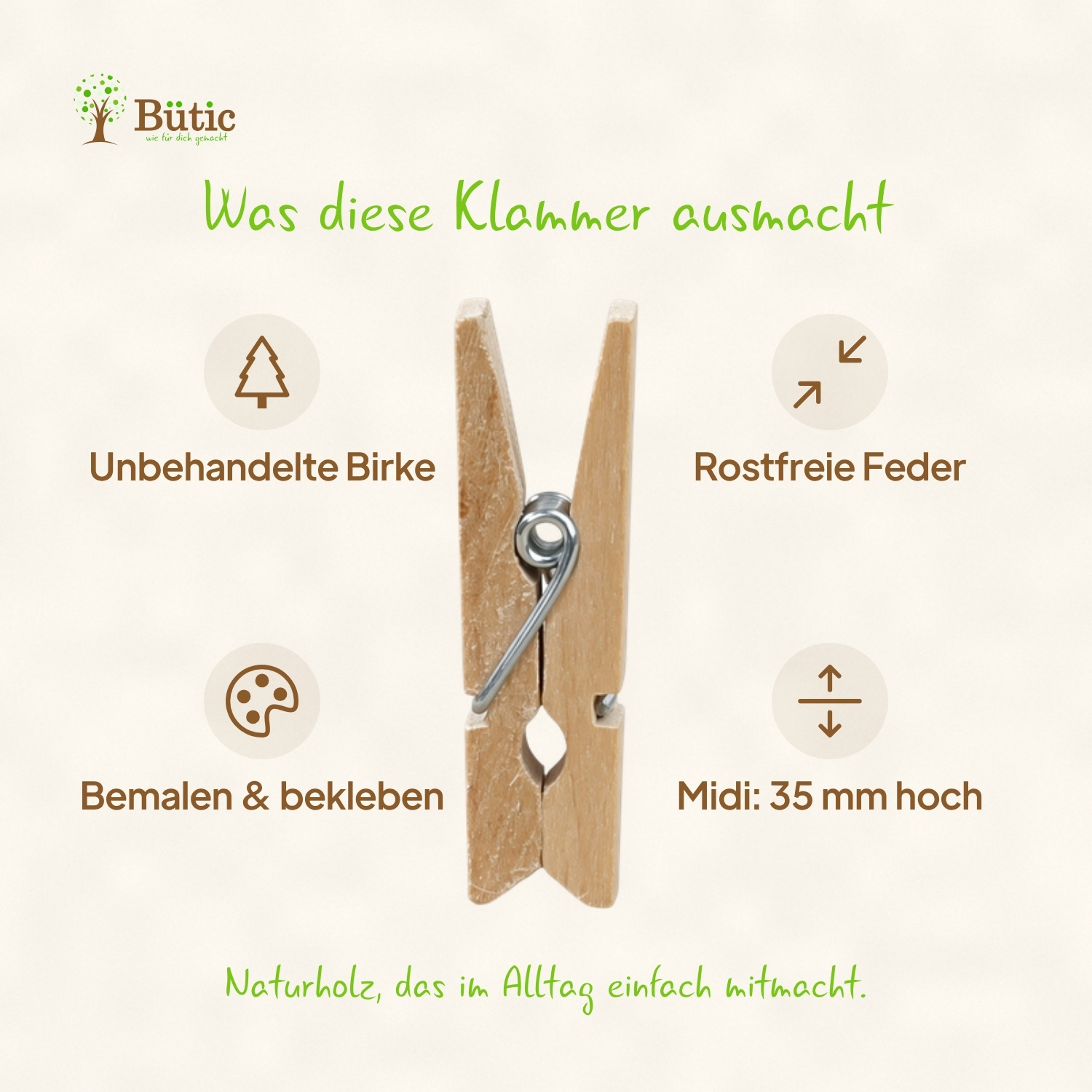Holz-Wäscheklammer aus unbehandelter Birke mit rostfreier Metallfeder, 35 mm groß, mit Infografik zu Eigenschaften: bemalenbar, beklebbar, Midi-Größe
