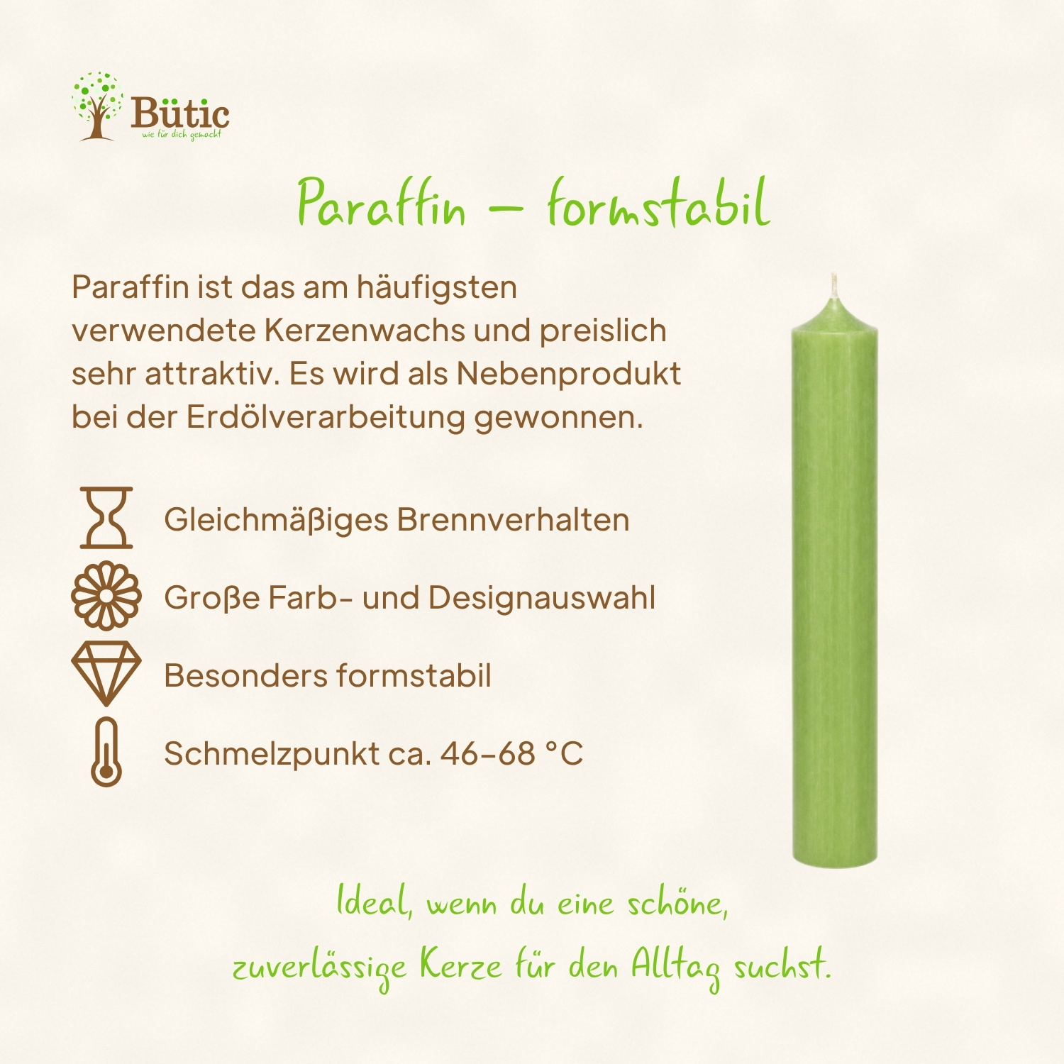 Infografik zu Paraffin-Stabkerzen von Bütic: hellgrüne durchgefärbte Stabkerze 180 x 22 mm neben Stichpunkten zu gleichmäßigem Brennverhalten, Formstabilität und einem Schmelzpunkt von 46–68 °C