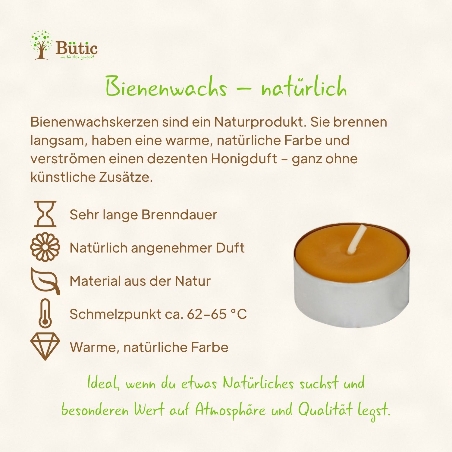 Infografik zu Bienenwachs-Teelichtern mit einem goldgelben Teelicht in Aluschale sowie fünf Produktvorteilen: lange Brenndauer, natürlicher Honigduft, Naturmaterial, Schmelzpunkt 62–65 °C und warme natürliche Farbe