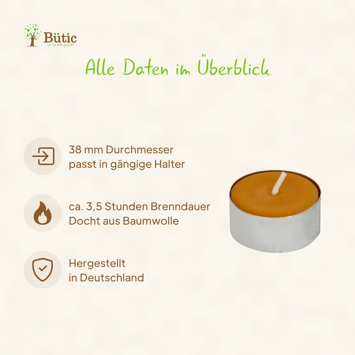 Bienenwachs-Teelicht in silberner Aluminiumhülle mit goldfarbenem Wachs und Baumwolldocht – Infografik mit technischen Daten: 38 mm Durchmesser, 3,5 Stunden Brenndauer, hergestellt in Deutschland