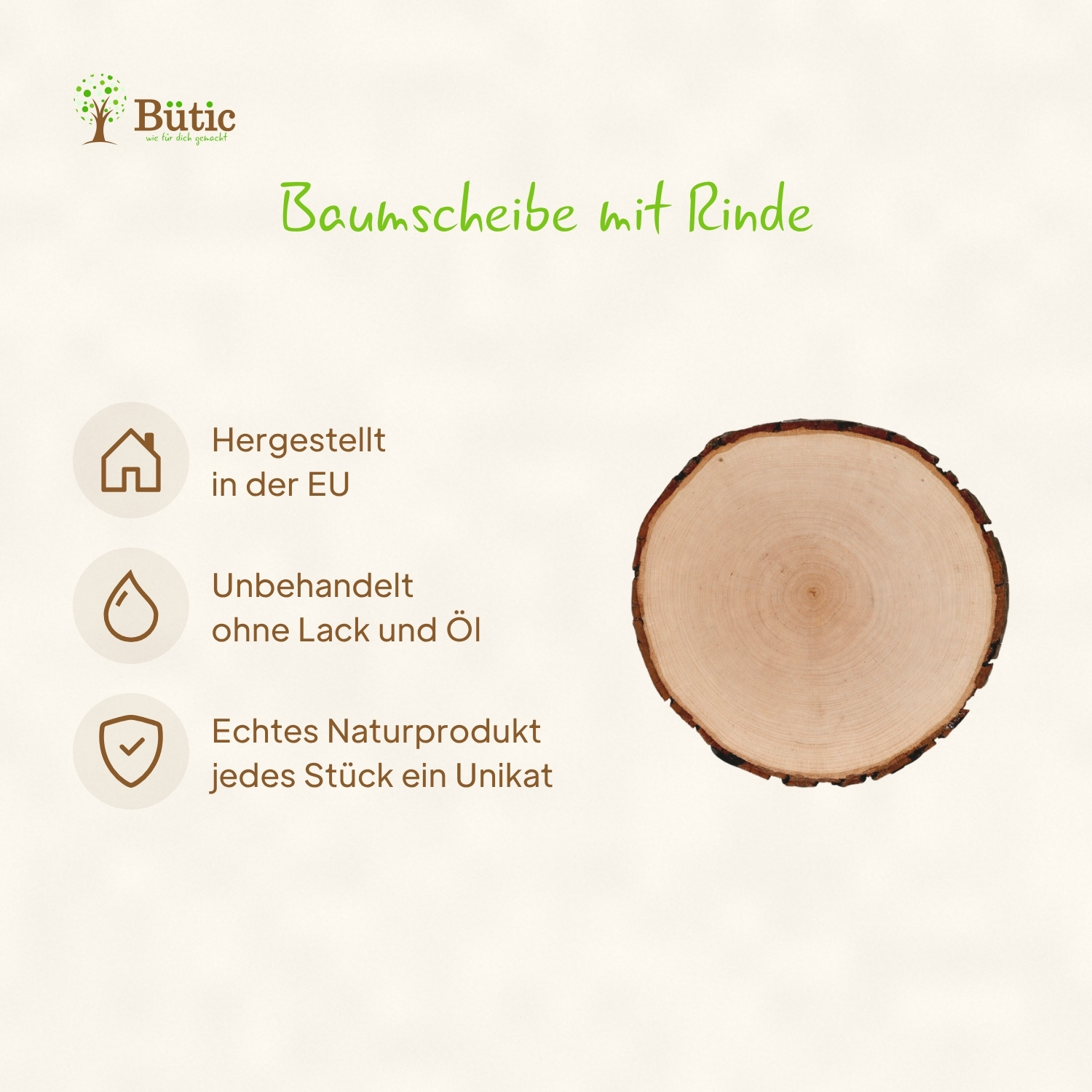 Runde Baumscheibe mit natürlicher Rinde, helles Holz mit sichtbaren Jahresringen