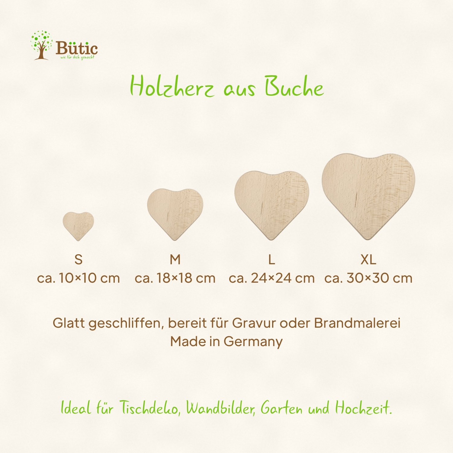 Größenvergleich von vier Holzherzen aus Buche in den Größen S (10×10 cm), M (18×18 cm), L (24×24 cm) und XL (30×30 cm), glatt geschliffen, naturfarben