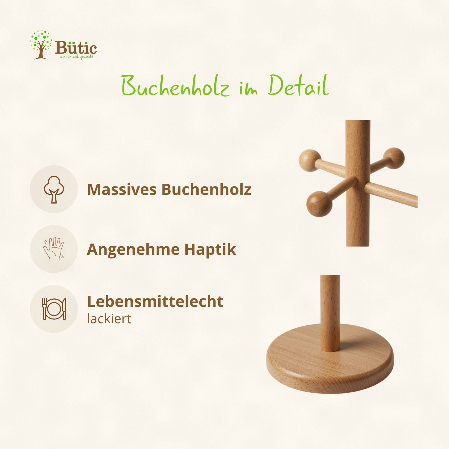 Brezelhalter aus massivem Buchenholz mit rundem Standfuß und vier kugelförmigen Stiften – Detailaufnahme mit Produkteigenschaften: massives Buchenholz, angenehme Haptik, lebensmittelecht lackiert