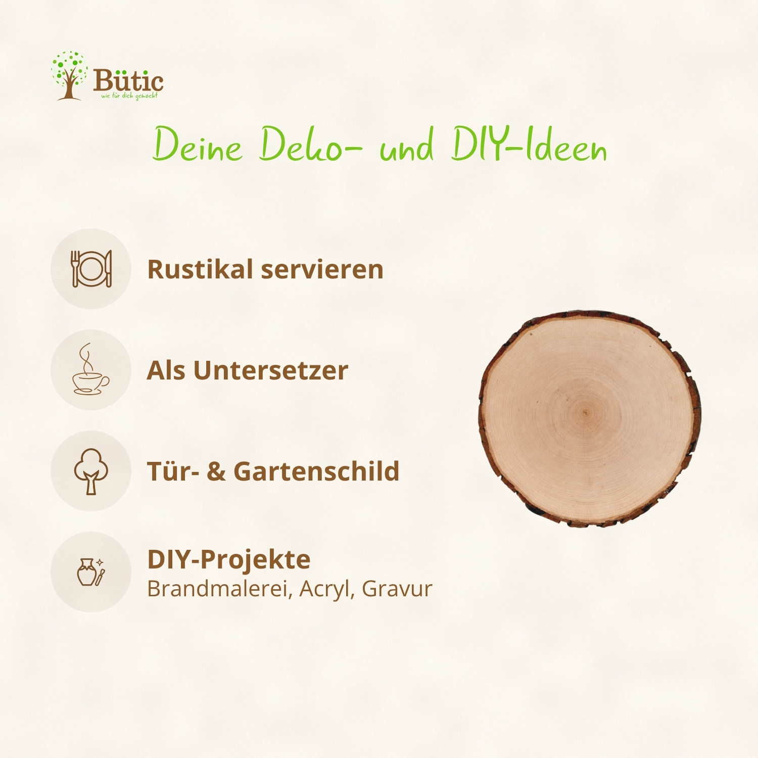 Infografik zu Deko- und DIY-Ideen für eine runde Baumscheibe mit Rinde: Rustikal servieren, Als Untersetzer, Tür- und Gartenschild, DIY-Projekte wie Brandmalerei, Acryl und Gravur