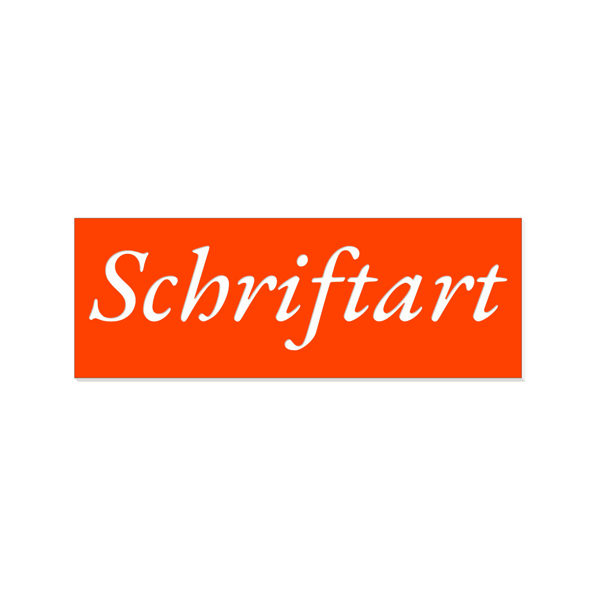 Weißer Schriftzug „Schriftart" in kursiver Schreibschrift auf orangerotem Hintergrund – Schriftart-Beispiel für ein Briefkasten-Namensschild